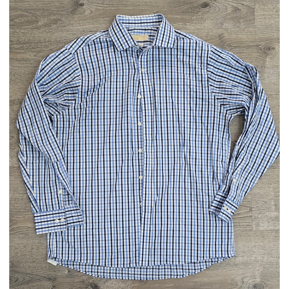 Michael‎ Kors Blue & White Plaid Button-Up Dress Shirt 18 34/35 Reg Fit Size L